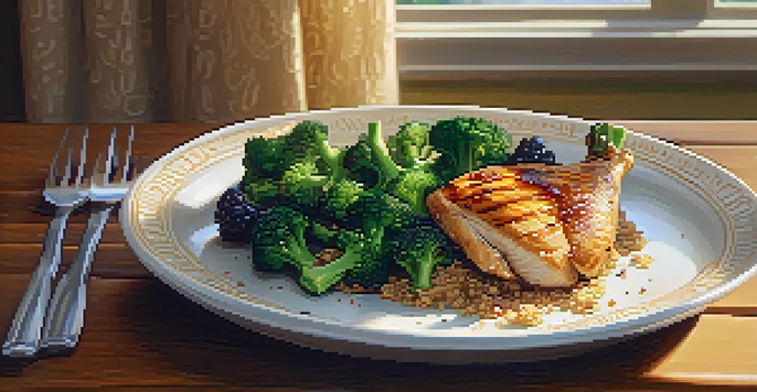A colorful and balanced meal consisting of grilled chicken, quinoa, and steamed broccoli on a wooden table, with mixed berries in the background and natural light enhancing the scene.
