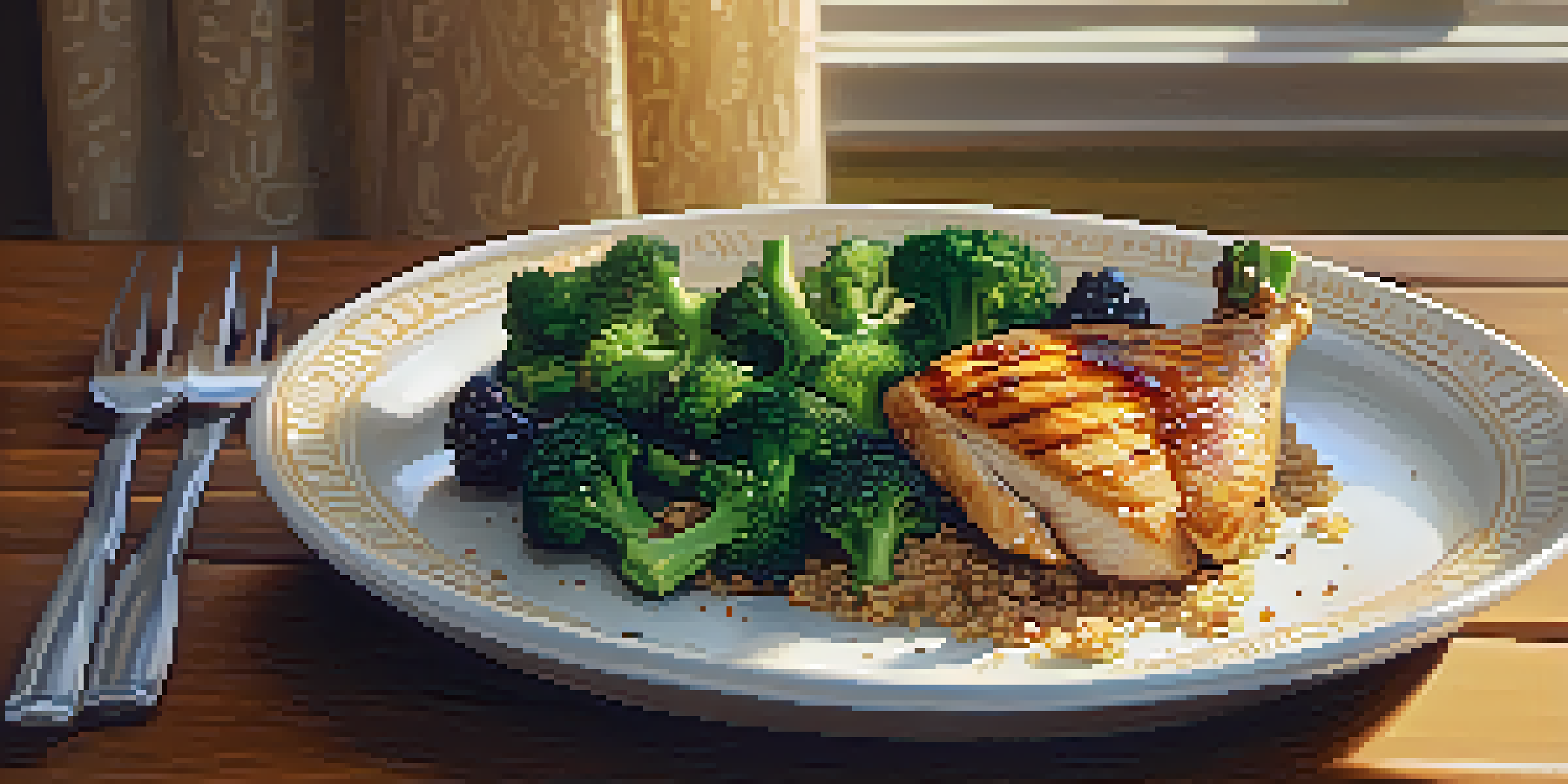 A colorful and balanced meal consisting of grilled chicken, quinoa, and steamed broccoli on a wooden table, with mixed berries in the background and natural light enhancing the scene.