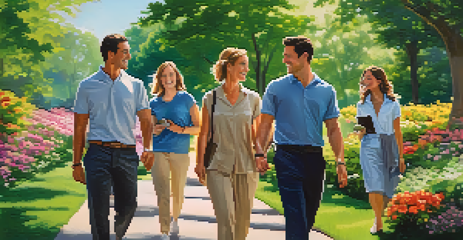 A group of employees walking together in a park during their lunch break, surrounded by nature.