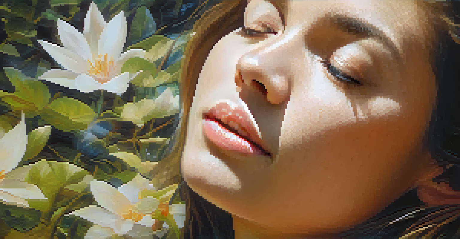 Close-up of a relaxed person's face in meditation, surrounded by blurred natural elements and warm colors.