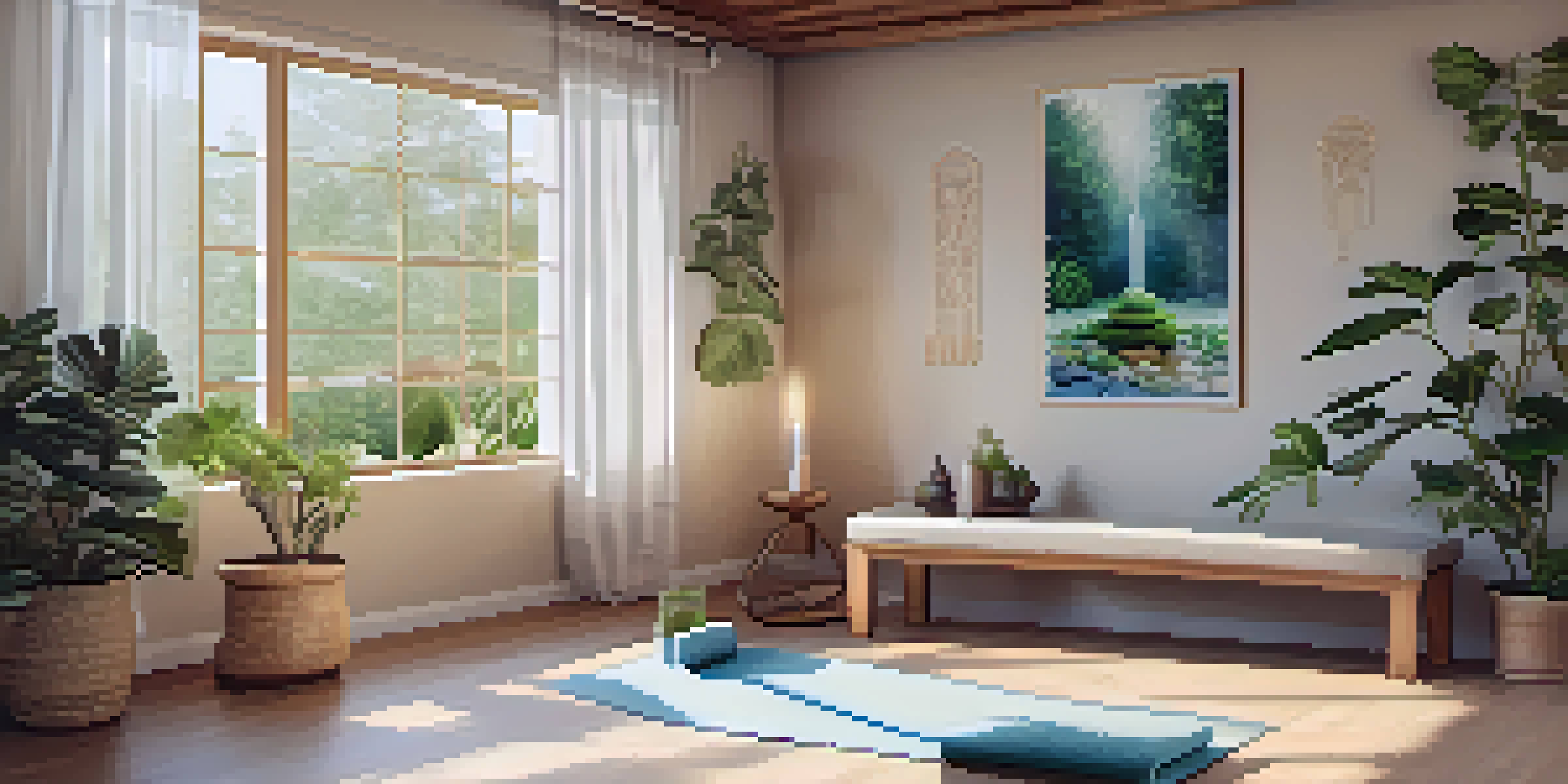 A peaceful wellness center with a yoga mat, plants, and a small altar with candles and crystals.