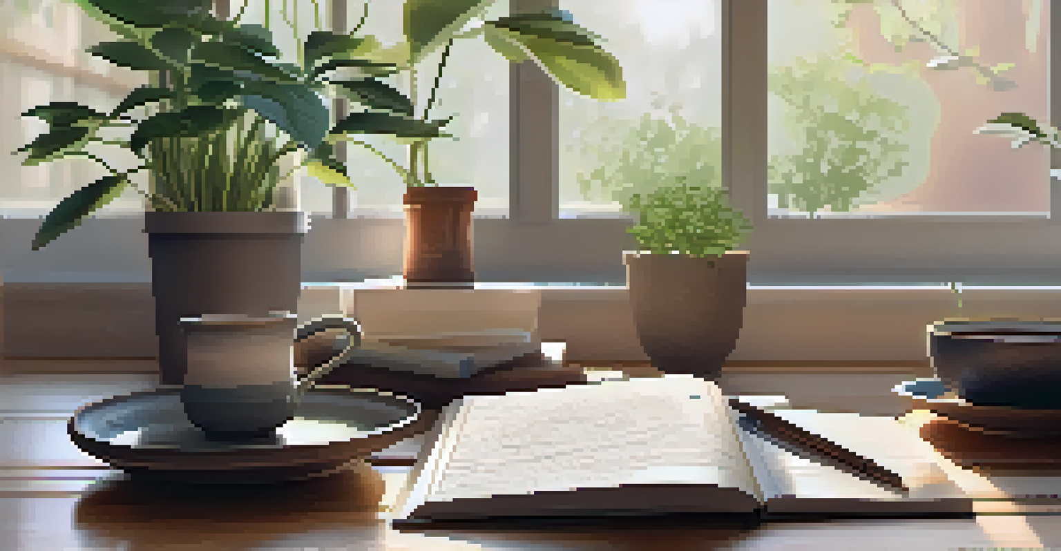 A cozy workspace with an open mindfulness journal, a cup of tea, and a small potted plant, creating a serene atmosphere for reflection.