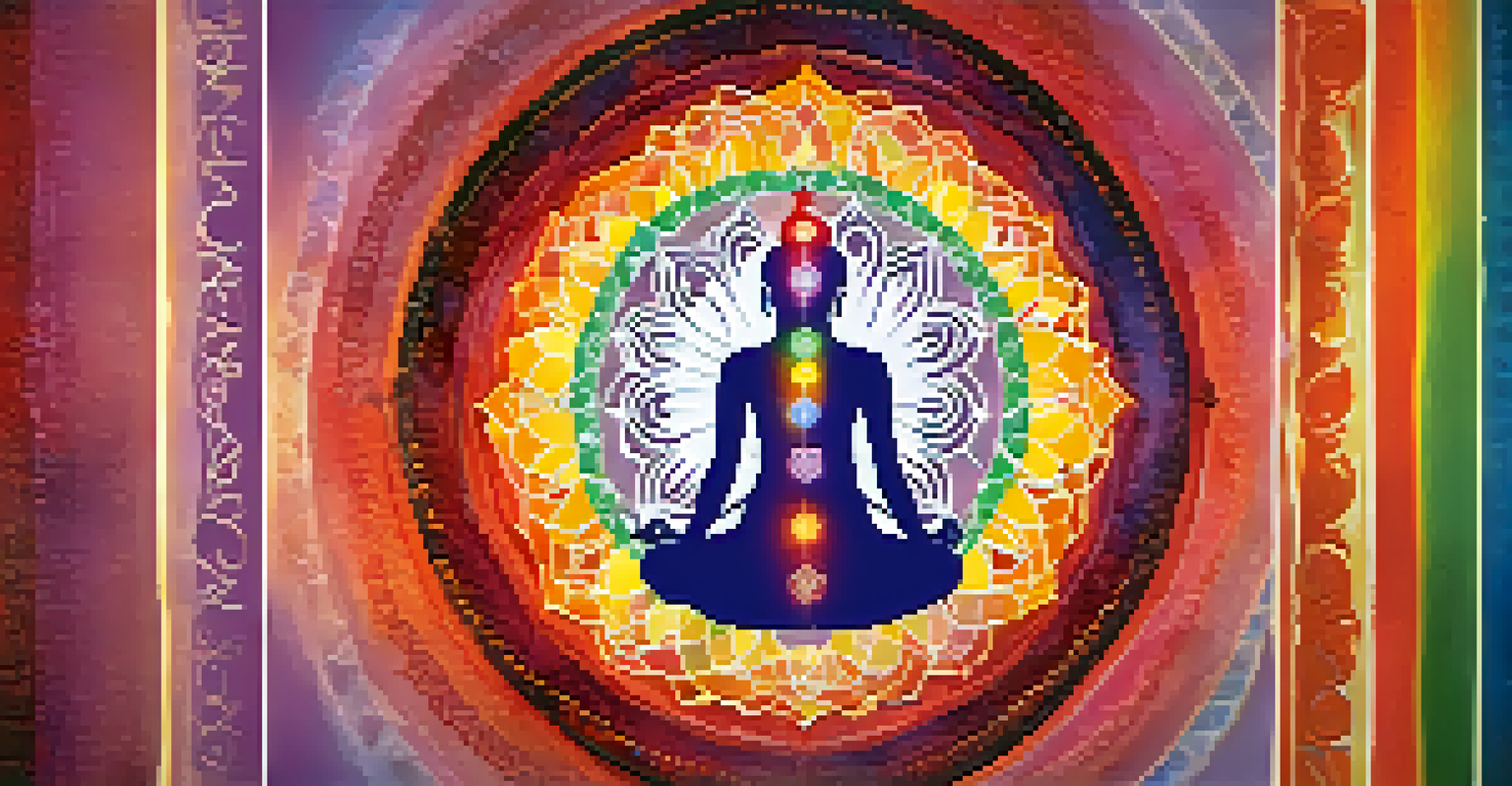 A colorful illustration of the seven chakras along a human silhouette, each represented by a spinning wheel of color against a gradient background.