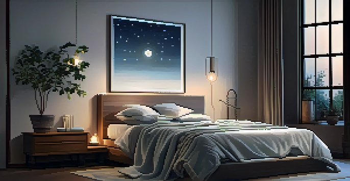 A peaceful bedroom at night with a neatly made bed, soft lighting, and a starry sky visible through the window.