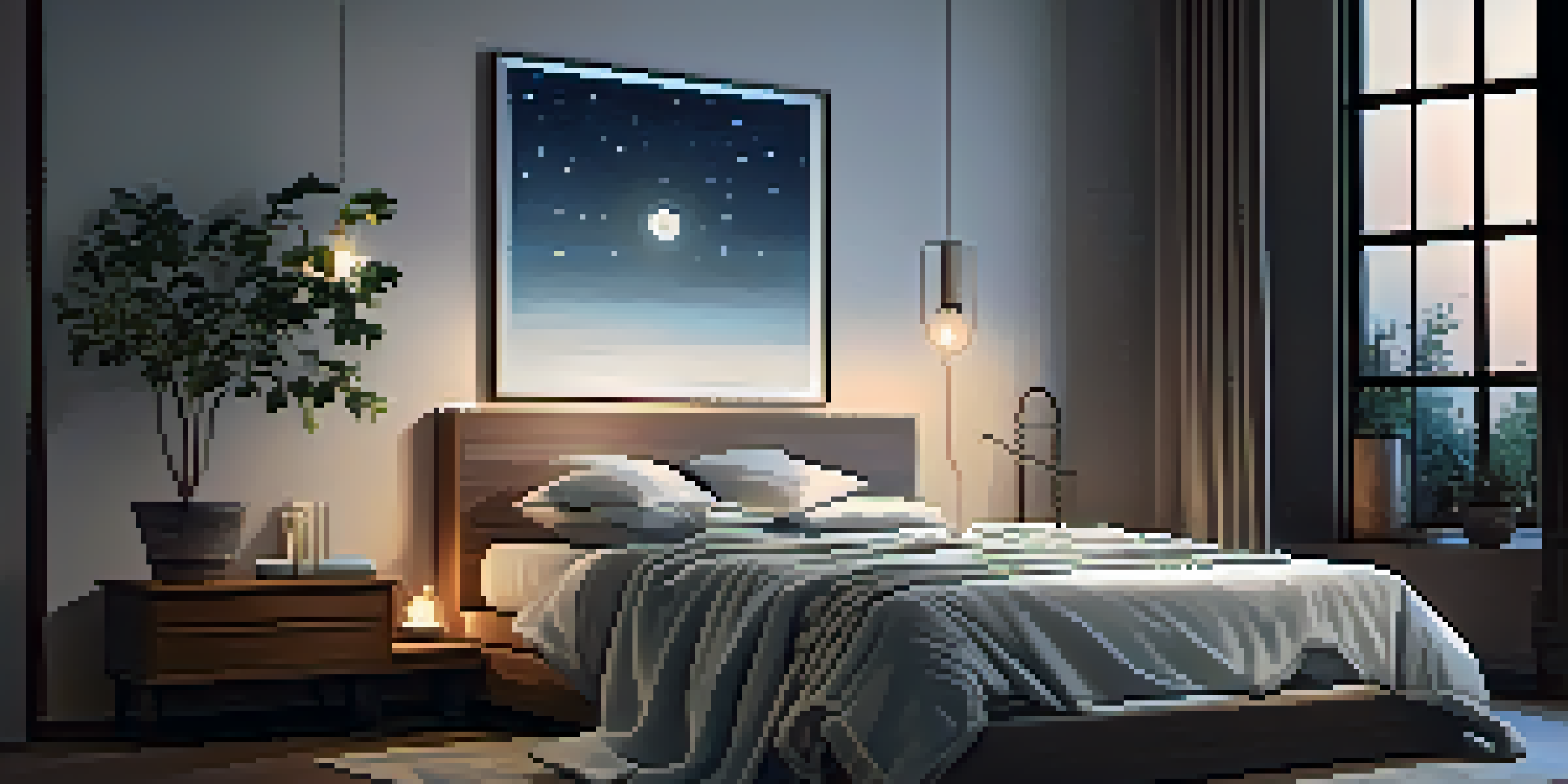 A peaceful bedroom at night with a neatly made bed, soft lighting, and a starry sky visible through the window.