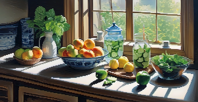 A calm kitchen with fresh fruits, vegetables, infused water, and nuts on a wooden table, illuminated by soft morning light.