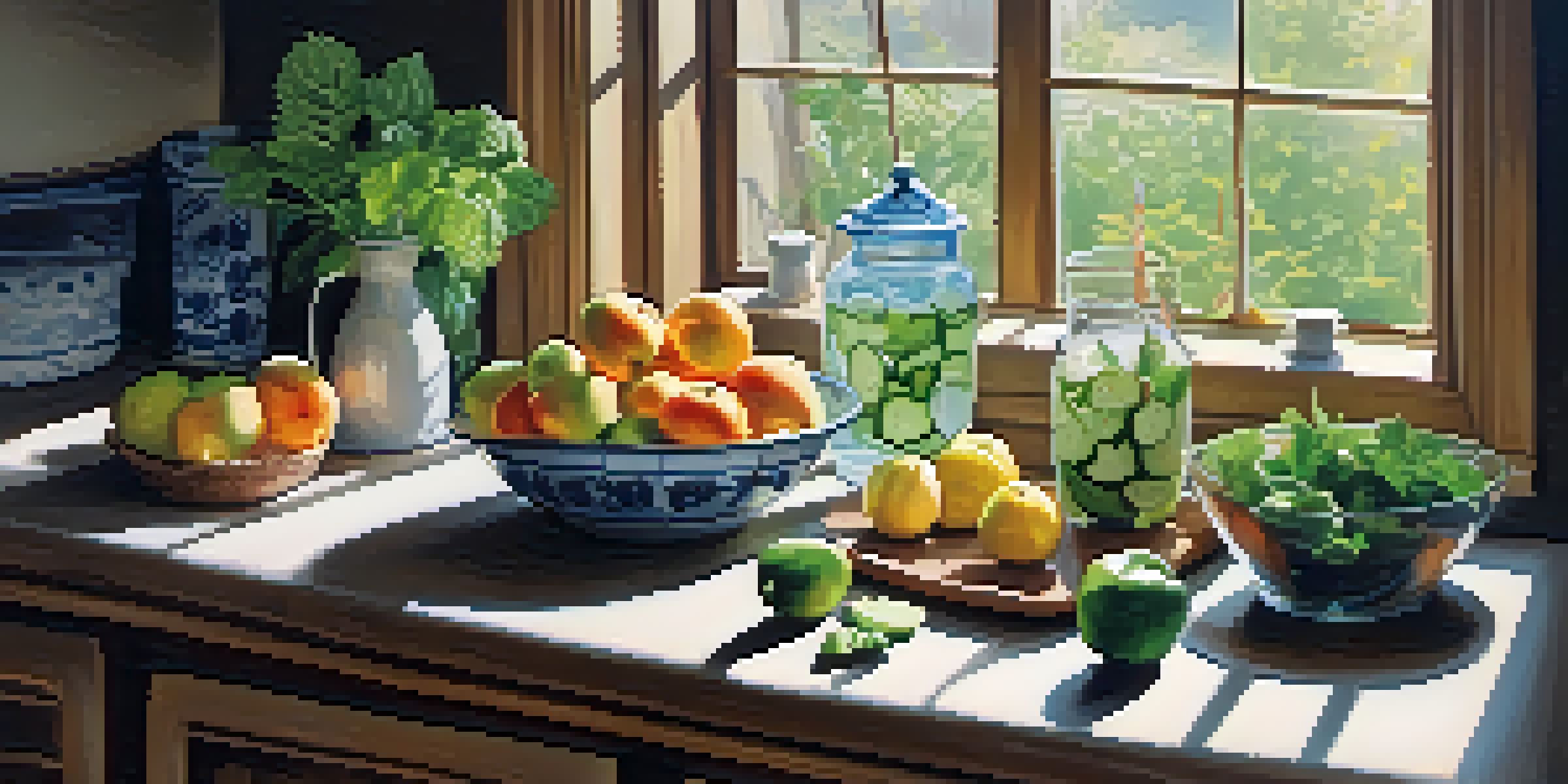 A calm kitchen with fresh fruits, vegetables, infused water, and nuts on a wooden table, illuminated by soft morning light.
