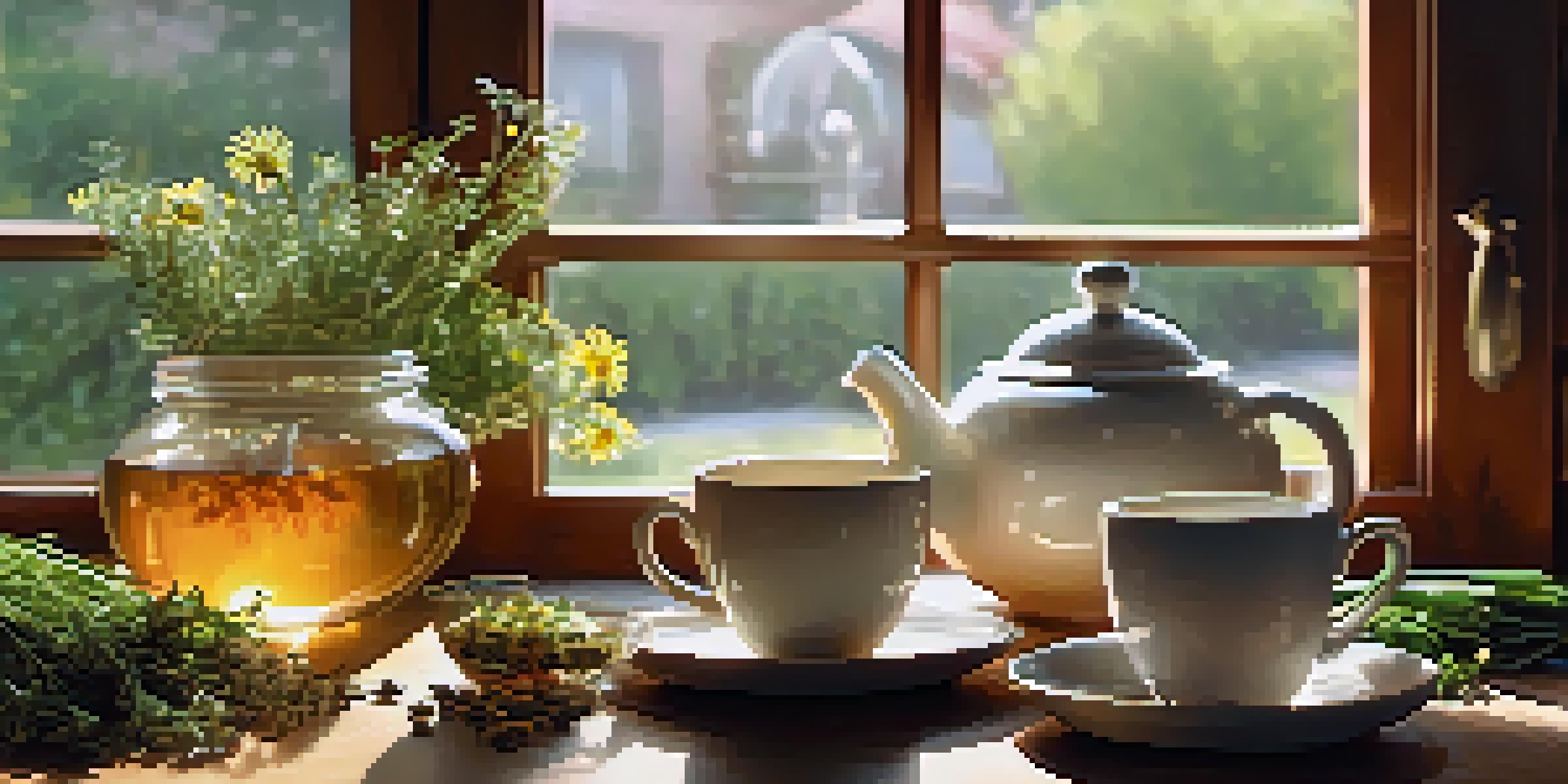 A cozy kitchen with a wooden table full of herbal tea ingredients, including chamomile flowers, fresh ginger, and peppermint leaves, with a steaming cup of herbal tea in the foreground under soft sunlight.