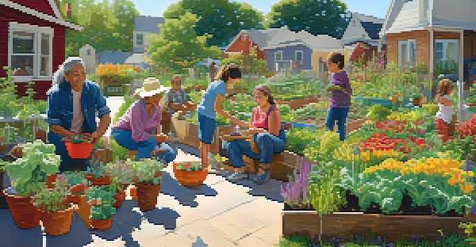A community garden with diverse people working together, surrounded by colorful plants and blooming flowers in bright sunlight.