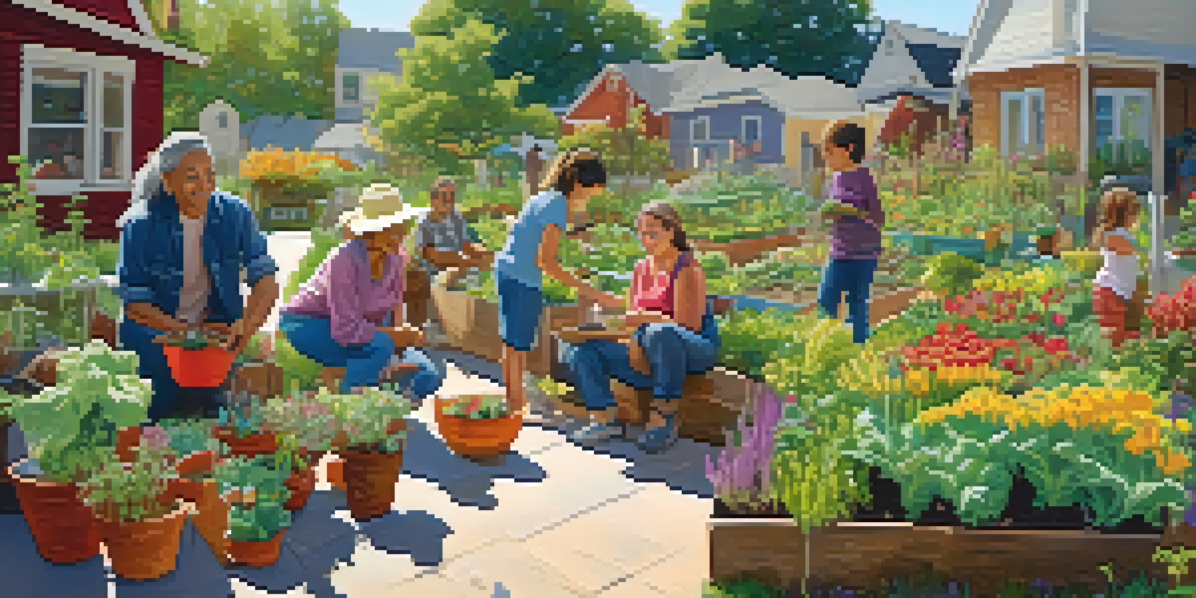 A community garden with diverse people working together, surrounded by colorful plants and blooming flowers in bright sunlight.