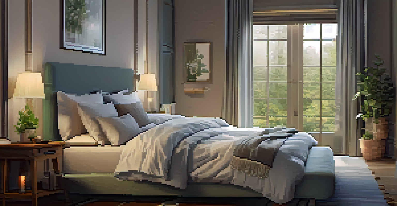 A cozy bedroom designed for optimal sleep hygiene, with soft lighting, a neatly made bed, and a bedside table with herbal teas.