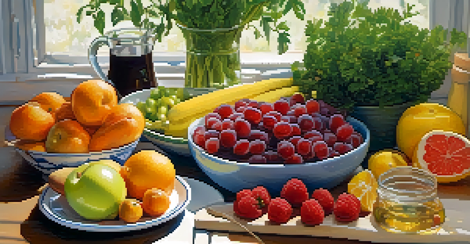 A vibrant display of whole foods including fruits, vegetables, and grains on a wooden table, with a glass of water and herbal tea.