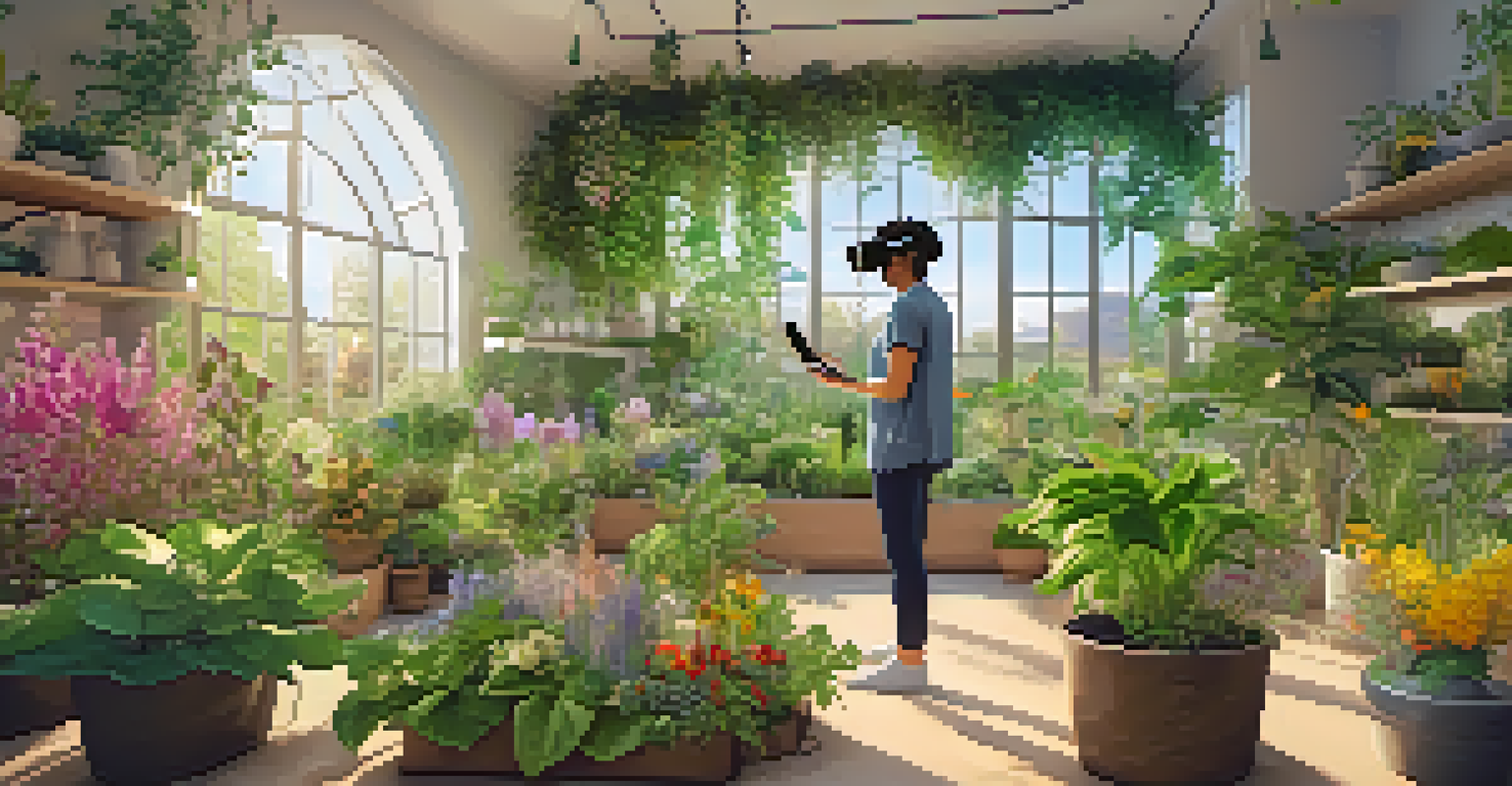 A person exploring a colorful virtual garden of herbs while wearing a virtual reality headset, with bright sunlight and educational labels for each plant.