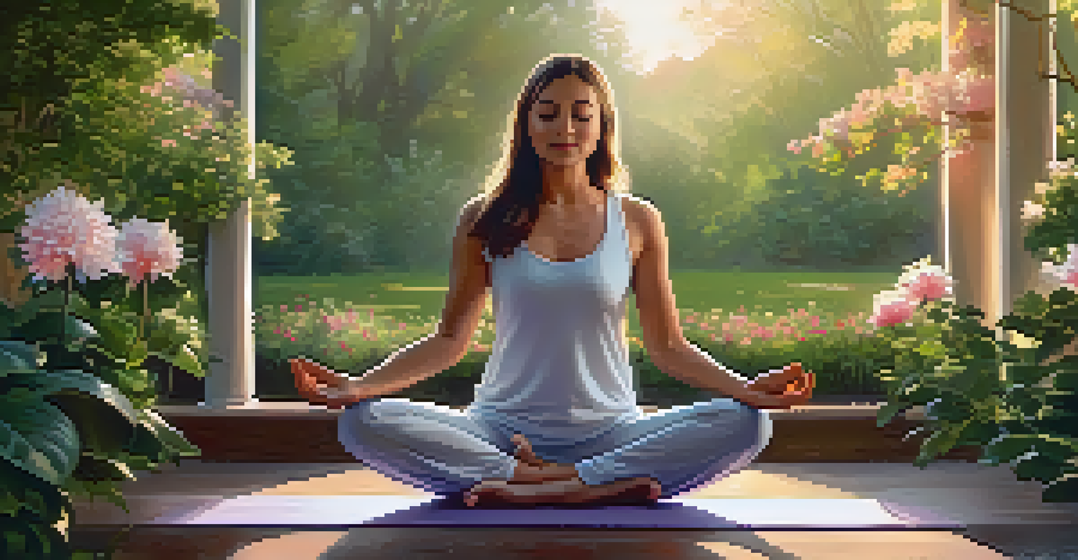 A person doing yoga in a peaceful garden filled with greenery and flowers, bathed in the soft light of the evening sun.