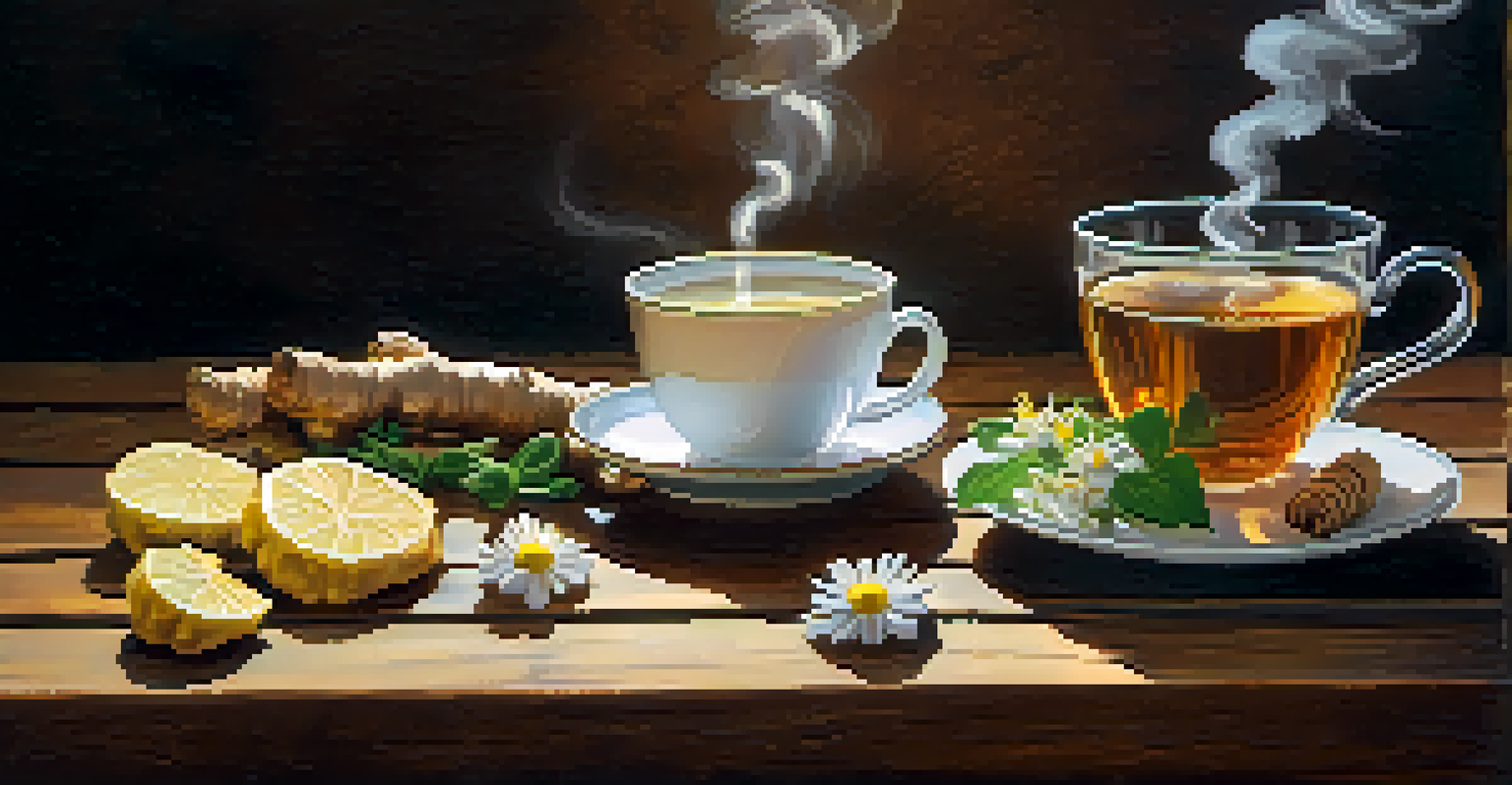 A cozy table with a steaming cup of ginger tea, fresh ginger roots, and chamomile flowers, creating a warm atmosphere.