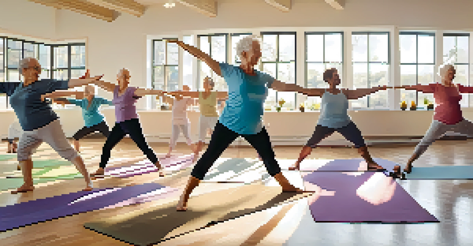 A group of seniors practicing yoga in a bright studio, showcasing flexibility and a sense of community.