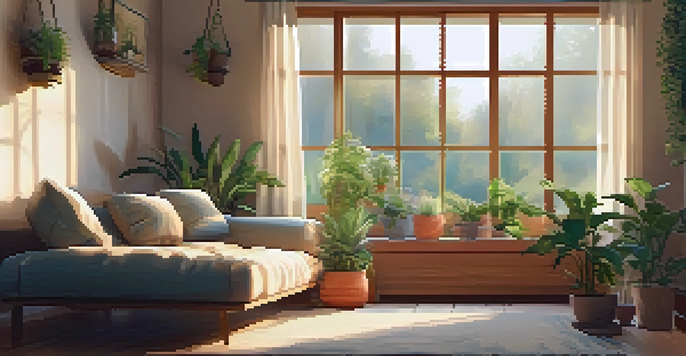 A cozy mindfulness space with cushions, herbal teas, plants, and soft lighting.