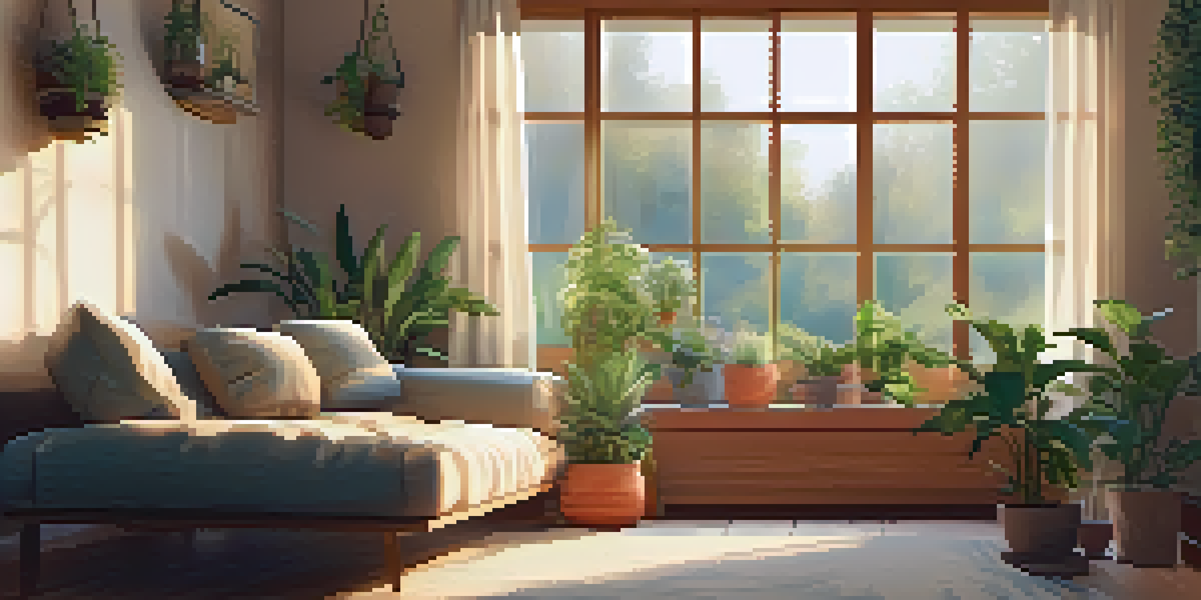 A cozy mindfulness space with cushions, herbal teas, plants, and soft lighting.