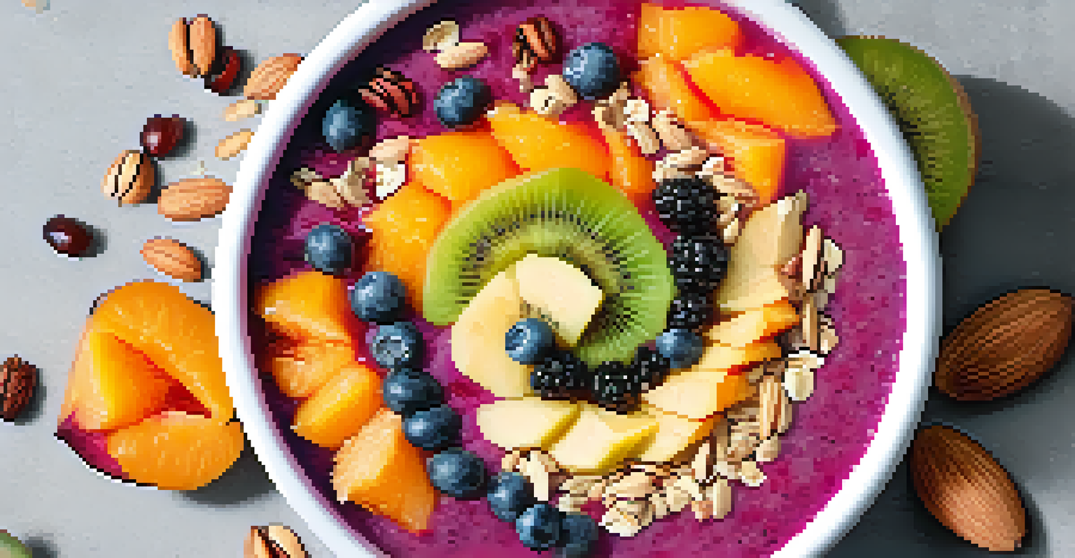 A close-up view of a detox smoothie bowl filled with colorful fruits, nuts, and seeds, highlighting its vibrant presentation.