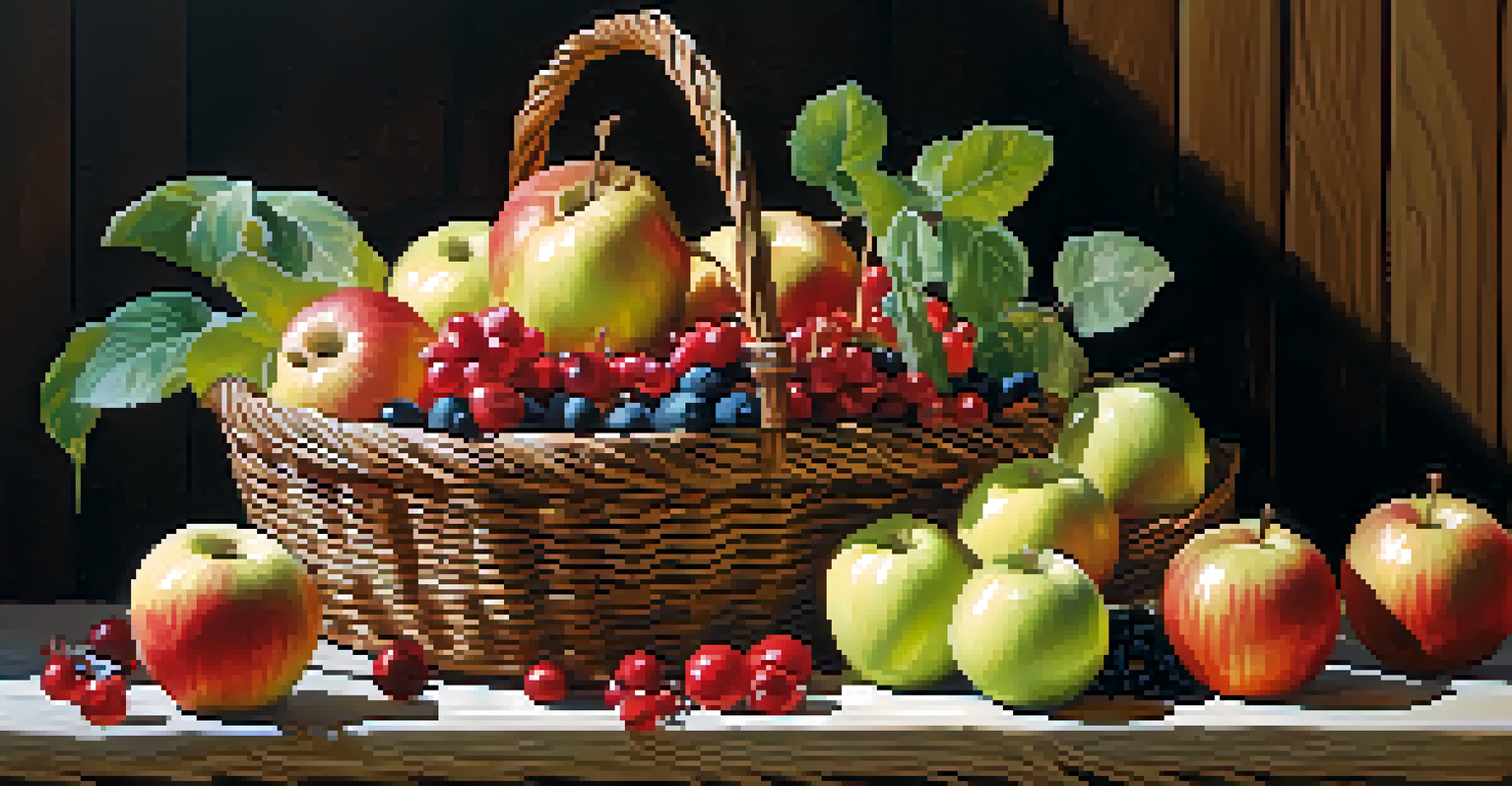 A basket filled with apples, onions, and berries, arranged on a wooden surface, illuminated by bright natural light.