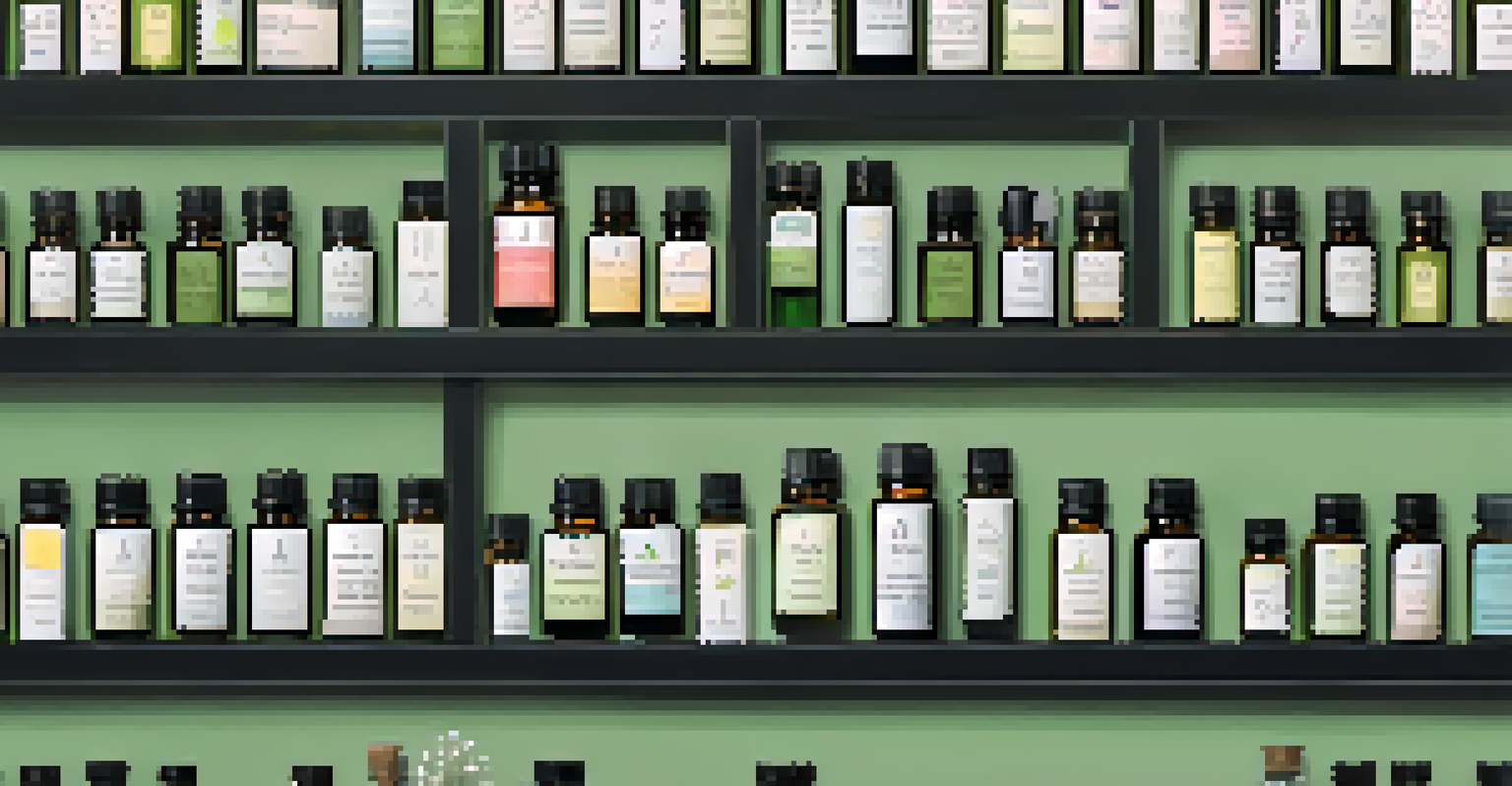 A neatly organized shelf with dark glass essential oil bottles and labels, set against a calming background.