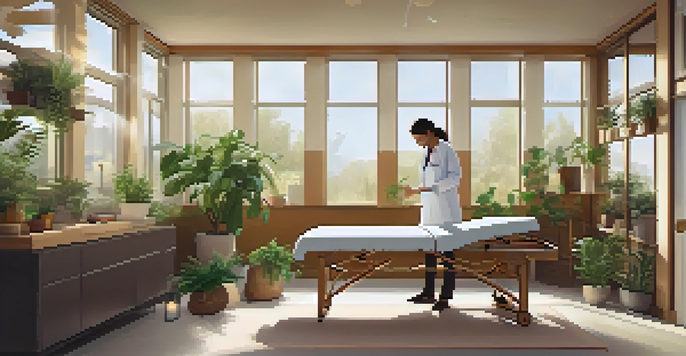 A tranquil naturopathic clinic where a therapist is giving a massage to a patient on a treatment table, surrounded by plants and warm lighting.