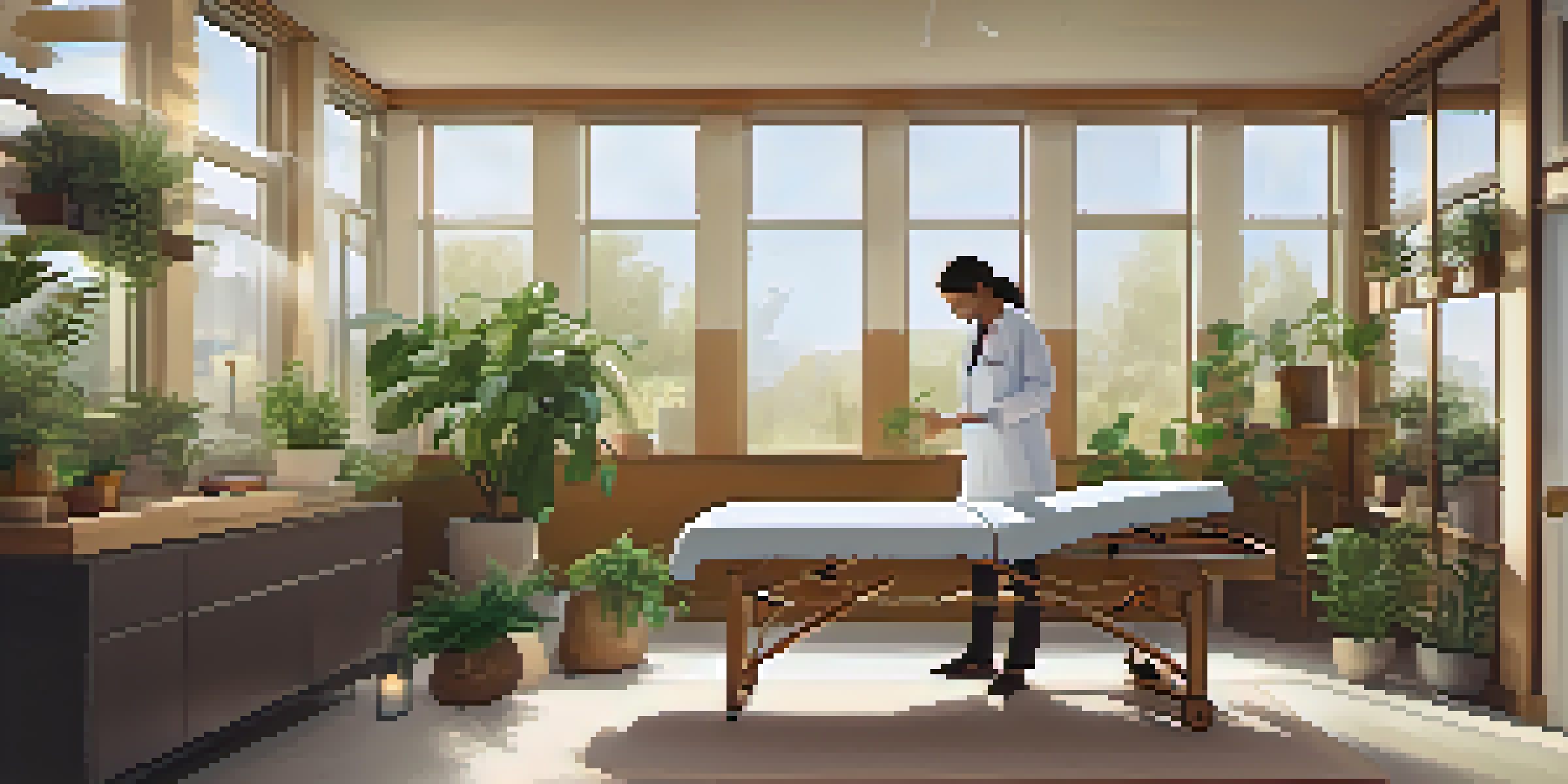 A tranquil naturopathic clinic where a therapist is giving a massage to a patient on a treatment table, surrounded by plants and warm lighting.