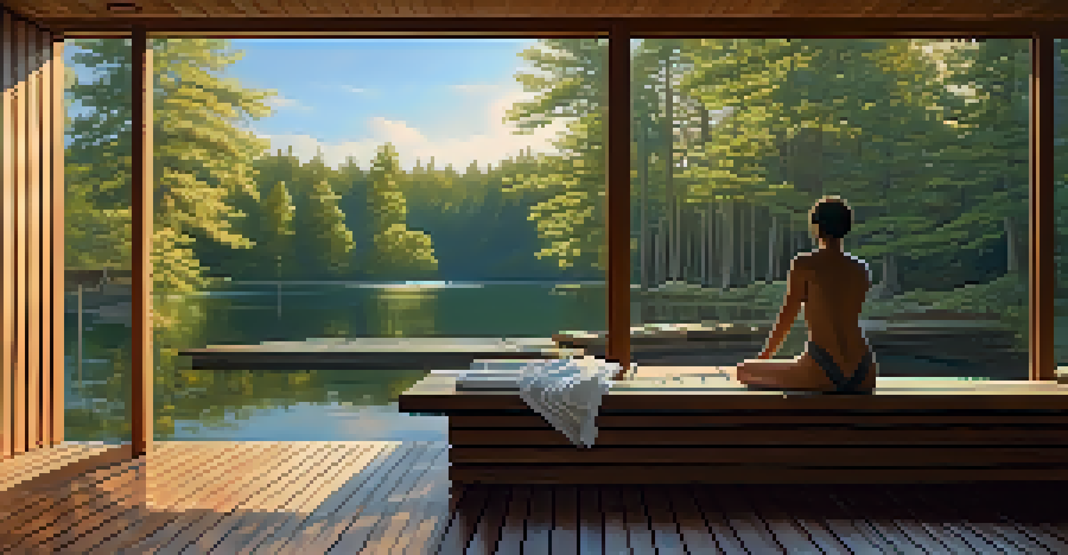 A warm wooden sauna with a relaxed person sitting on the bench, glowing light creating a calming atmosphere, and a view of trees through a window.