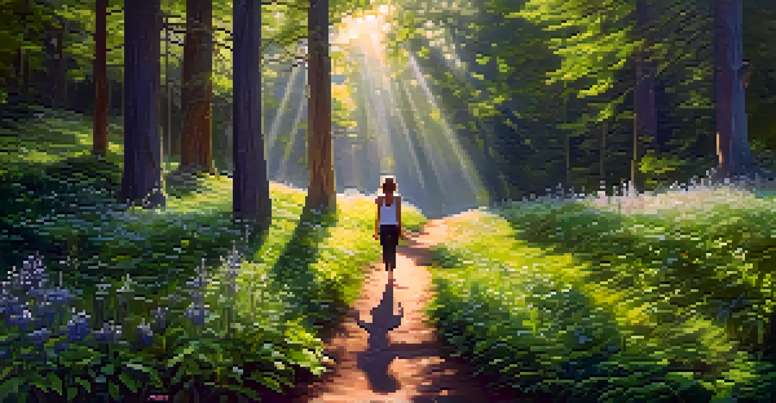 A person practicing Tree Pose in a vibrant forest surrounded by greenery and wildflowers, embodying a connection to nature.