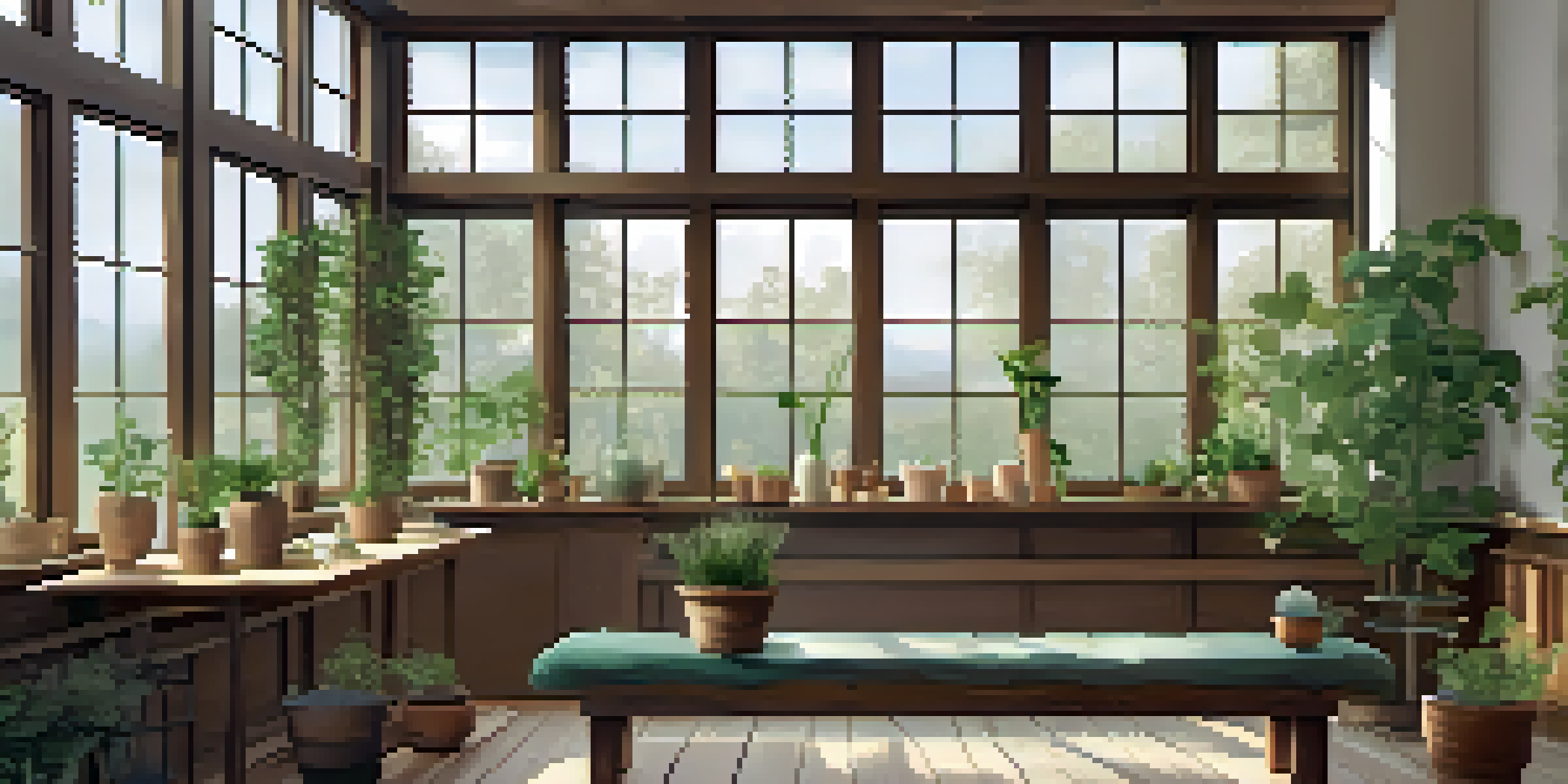 A peaceful naturopathic clinic with natural light, plants, and holistic healing tools, creating a calming environment.