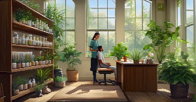 A bright and inviting naturopathic clinic with plants and herbal medicine jars, showing a consultant and patient in discussion.