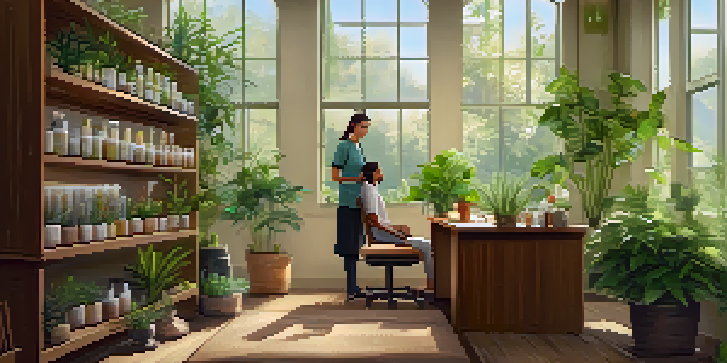 A bright and inviting naturopathic clinic with plants and herbal medicine jars, showing a consultant and patient in discussion.