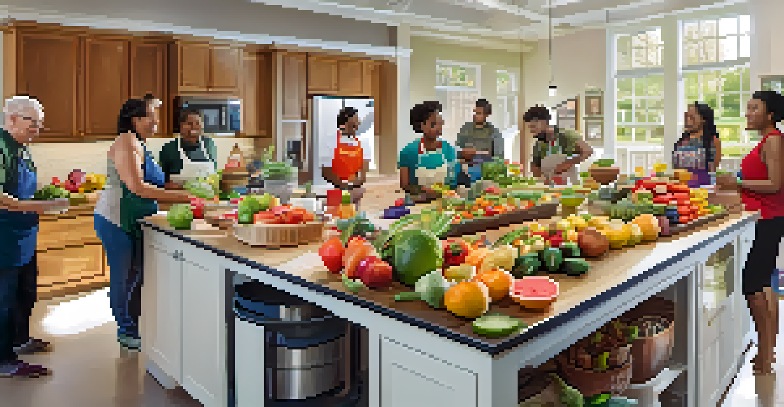A lively nutrition workshop with participants cooking together and sharing healthy food tips in a bright kitchen.
