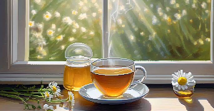 A cozy scene with a cup of chamomile tea, fresh chamomile flowers, honey, and lemon slices on a wooden table, illuminated by soft morning sunlight.