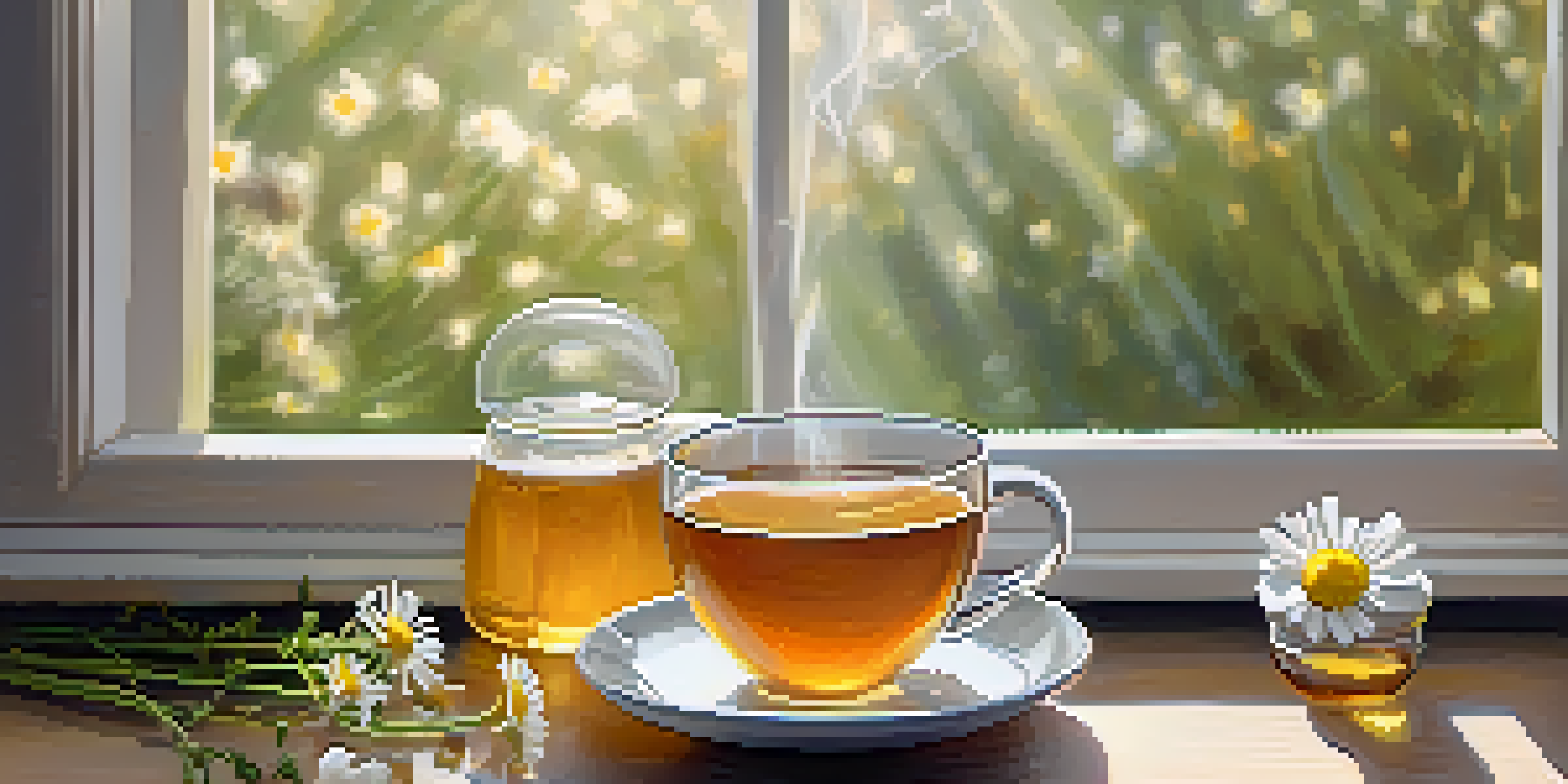 A cozy scene with a cup of chamomile tea, fresh chamomile flowers, honey, and lemon slices on a wooden table, illuminated by soft morning sunlight.