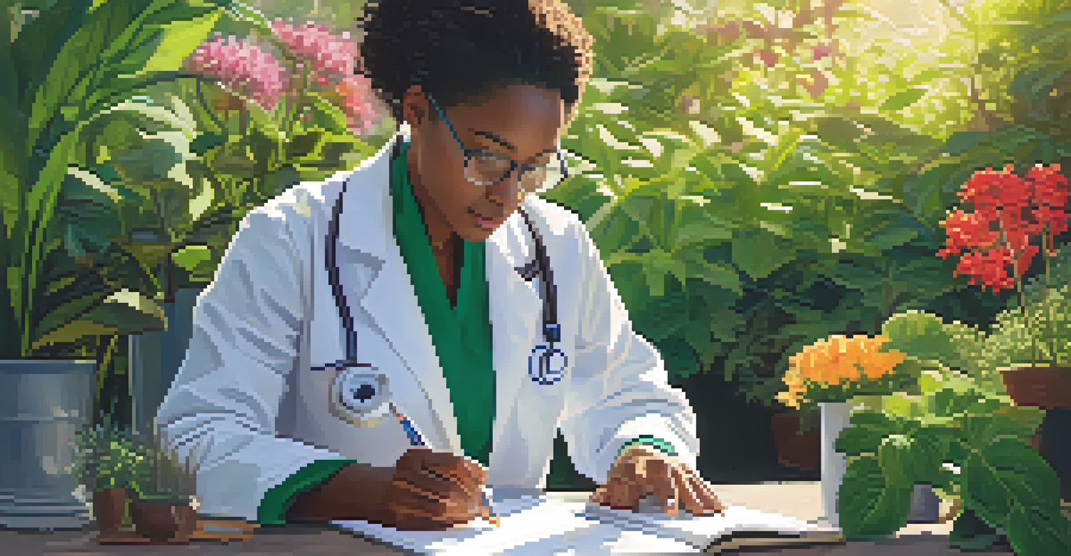 A naturopath student examining herbs in a garden, wearing a lab coat and taking notes.