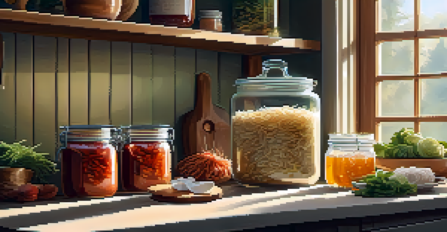 A kitchen countertop displaying jars of fermented foods and a glass of kombucha, set in a warm and inviting kitchen with sunlight streaming in.