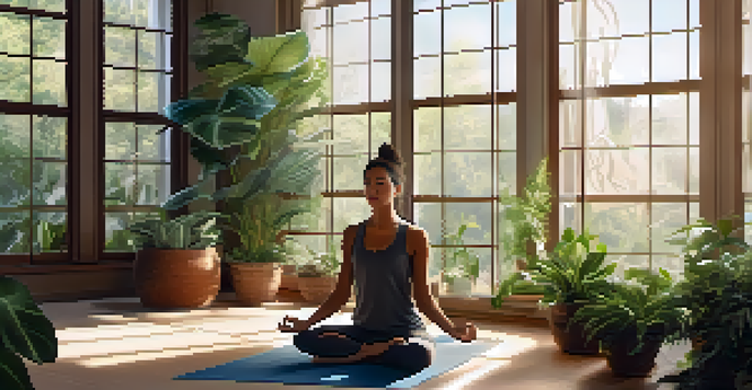 A person practicing yoga in a sunlit room filled with plants and natural light, creating a tranquil atmosphere.