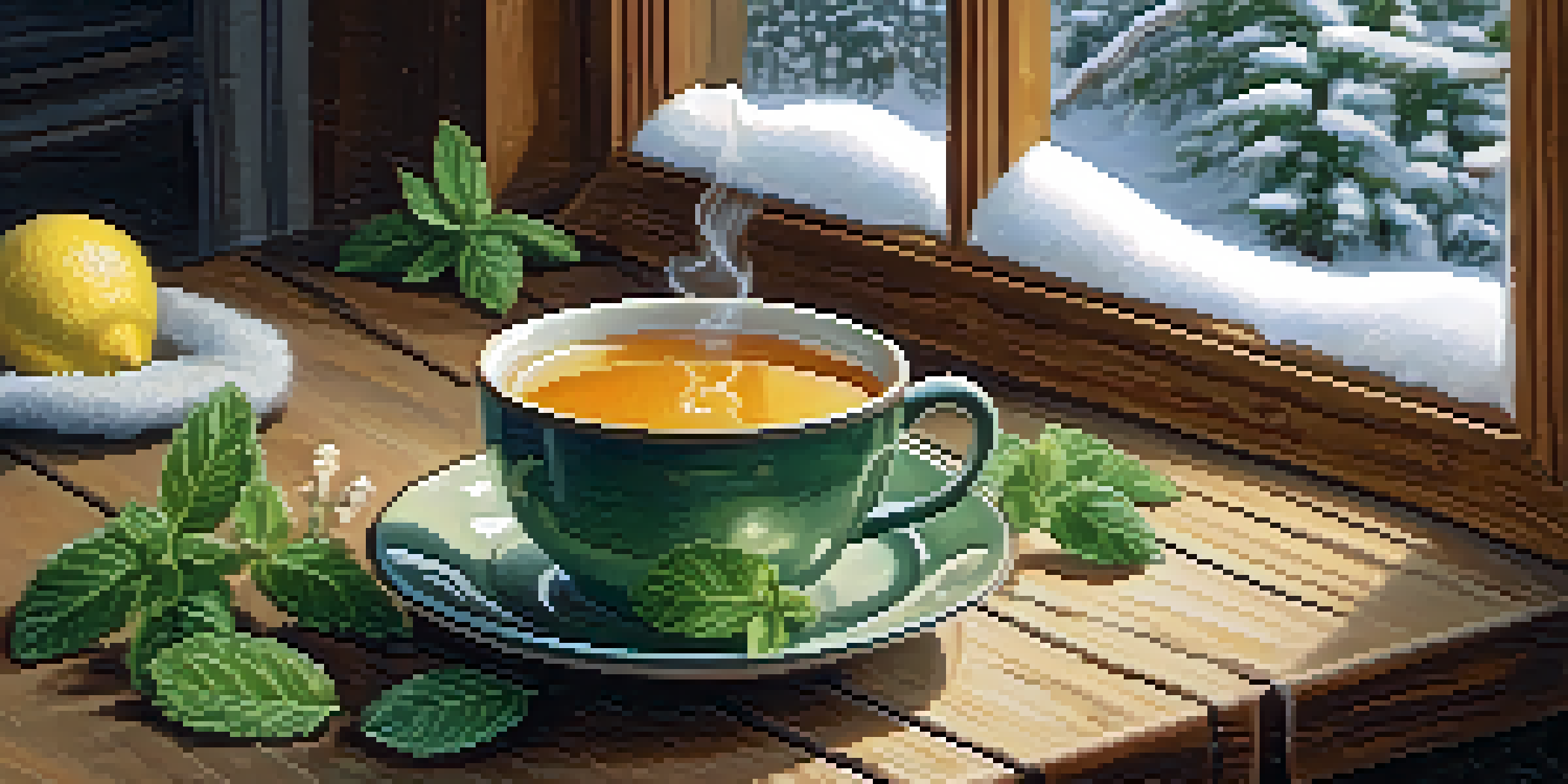 A warm cup of herbal tea on a wooden table by a snowy window, with mint leaves and lemon slices, and a knitted blanket nearby.