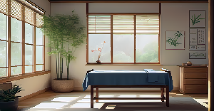A tranquil acupuncture clinic room with soft lighting, a treatment table, acupuncture needles, and bamboo plants.
