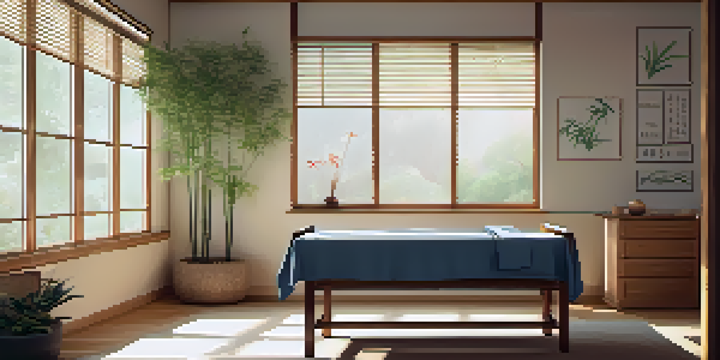 A tranquil acupuncture clinic room with soft lighting, a treatment table, acupuncture needles, and bamboo plants.