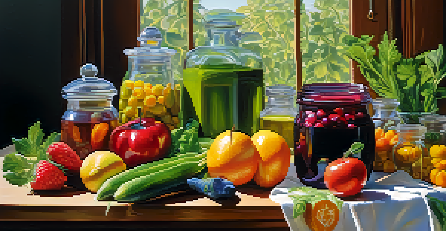 A colorful display of fresh fruits, vegetables, and herbal remedies on a wooden table, with a person preparing a healthy meal in the background.