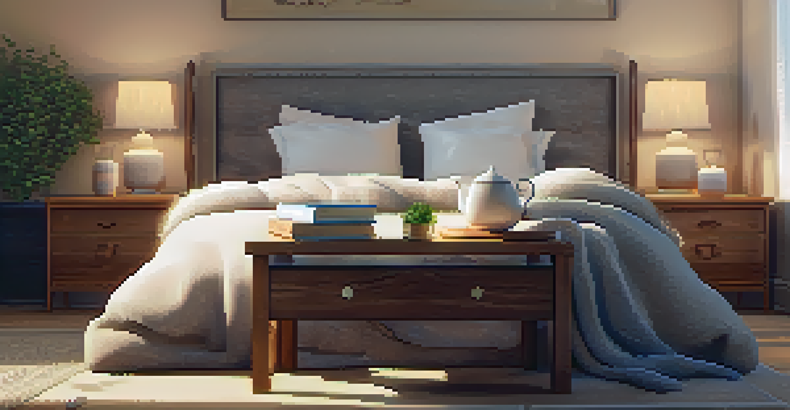 A cozy bedroom with a neatly made bed and a cup of herbal tea on a bedside table, designed for relaxation and sleep.