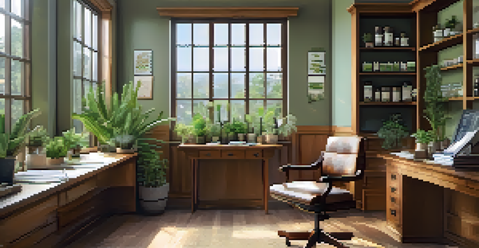 A bright and inviting consultation room with a wooden desk, herbal remedies, and plants, designed for naturopathic medicine.