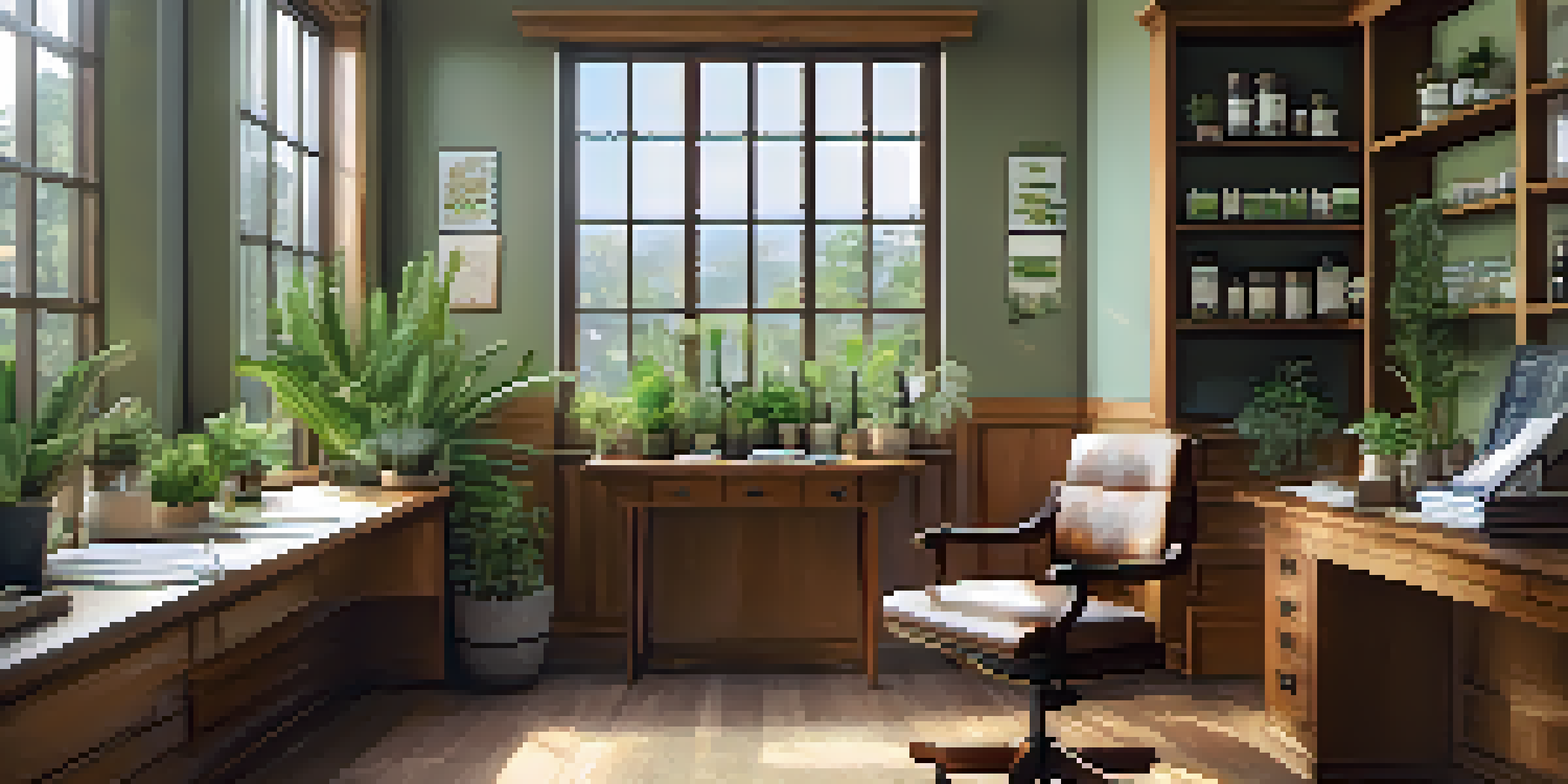 A bright and inviting consultation room with a wooden desk, herbal remedies, and plants, designed for naturopathic medicine.