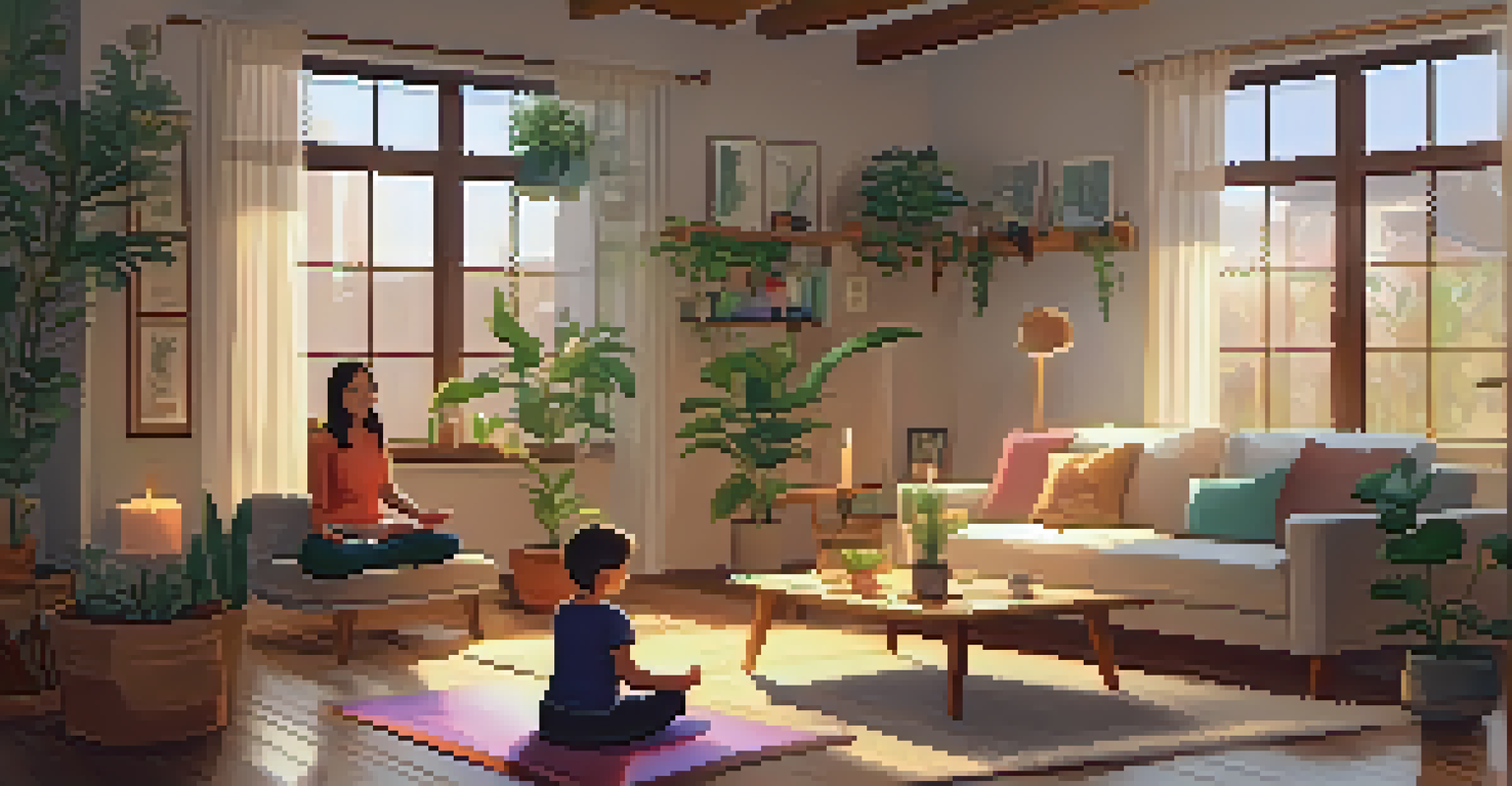 A family practicing yoga in a cozy, candle-lit living room with plants around.
