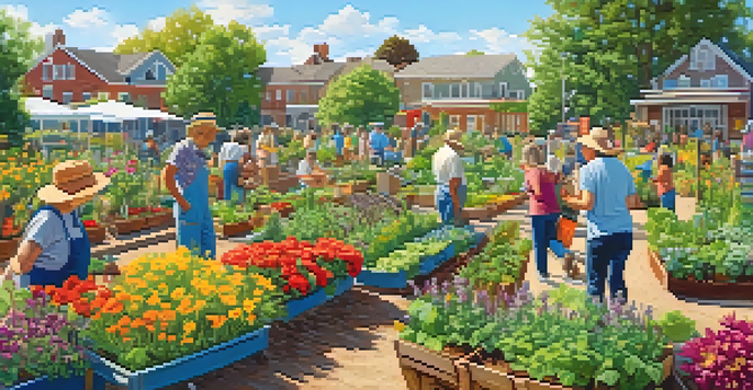 A lively community garden with people gardening under a sunny sky, surrounded by various plants and flowers.