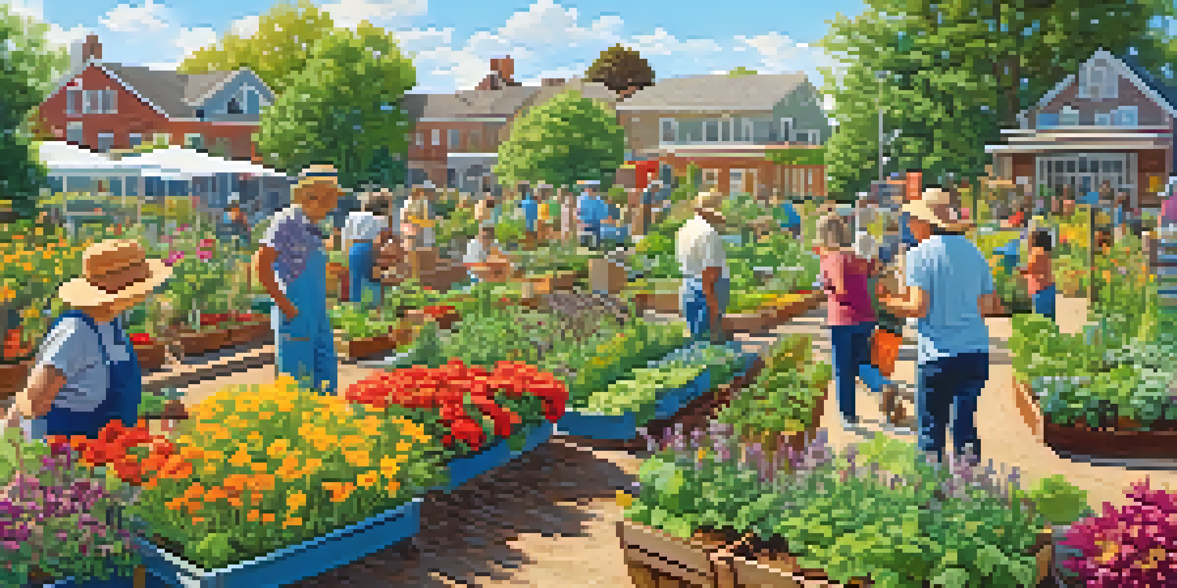 A lively community garden with people gardening under a sunny sky, surrounded by various plants and flowers.