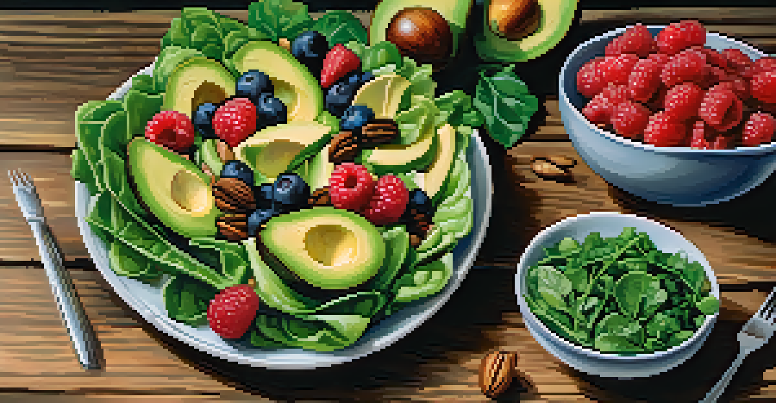 A close-up of a vibrant salad with leafy greens, avocados, nuts, and berries on a rustic wooden table, illuminated by natural light.