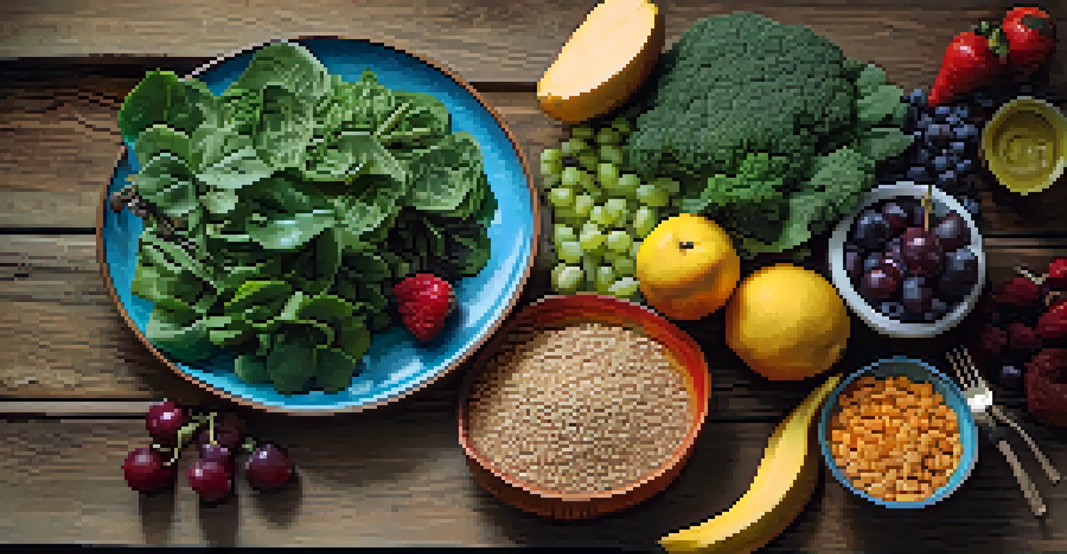 A colorful plate filled with whole foods like leafy greens, grains, and fruits on a rustic table, showcasing the role of nutrition in naturopathy.